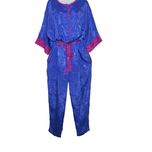 Vintage 80s Jumpsuit Womens Pink Purple Taper Leg Pockets Tie Belt Button Front - Picture 3 of 13